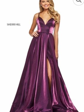 Sherri Hill Wine Satin Evening Gown with Side Slit